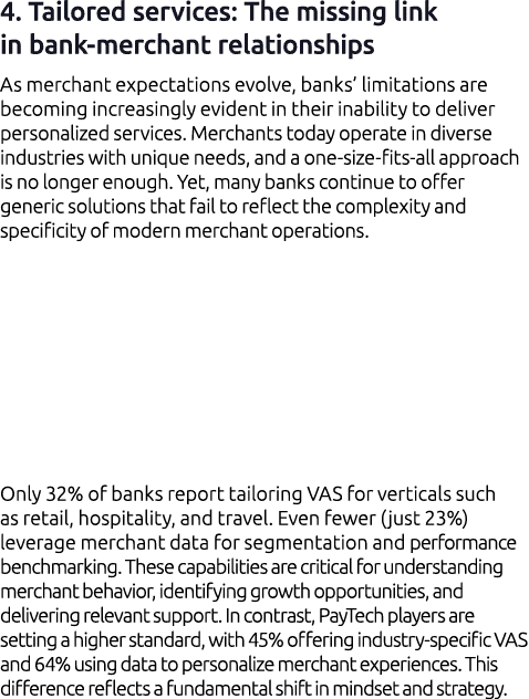 4. Tailored services: The missing link in bank merchant relationships As merchant expectations evolve, banks’ limitat...