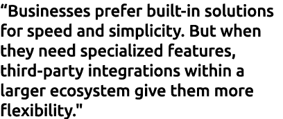 “Businesses prefer built in solutions for speed and simplicity. But when they need specialized features, third party ...