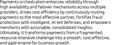 Payments orchestration enhances reliability through high availability and failover mechanisms across multiple provide...