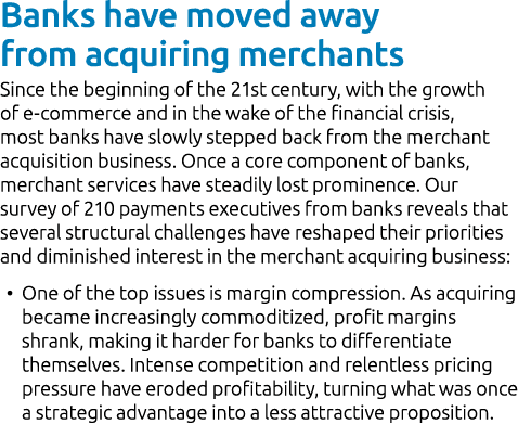 Banks have moved away from acquiring merchants Since the beginning of the 21st century, with the growth of e commerce...